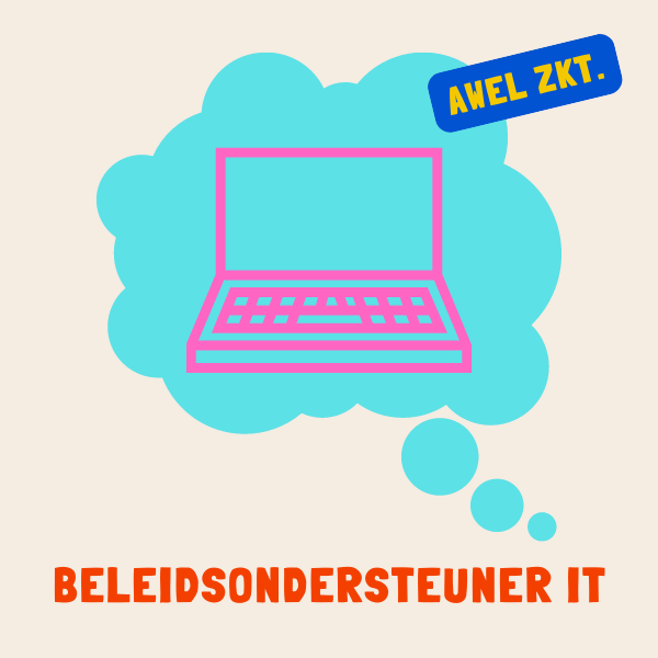 Afbeelding laptop in denkballon. AWEL zoekt beleidsondersteuner IT. 