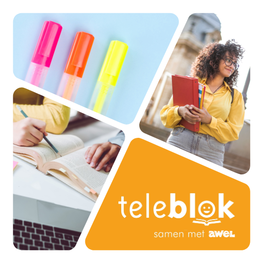 Logo Teleblok, foto student, foto fluostiften en foto studieboek.